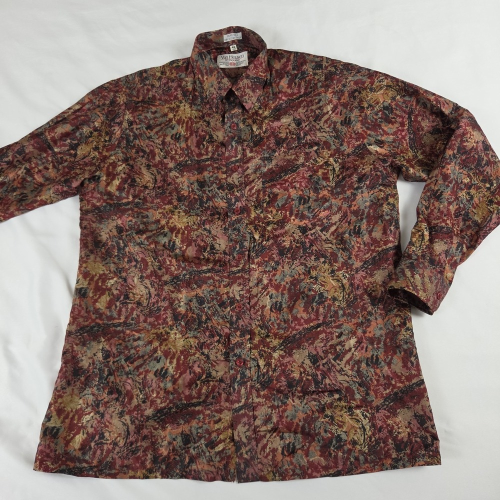 Vtg Van Heusen Of England Silk Shirt Abstract Fall Colors‎ Print Mens 42